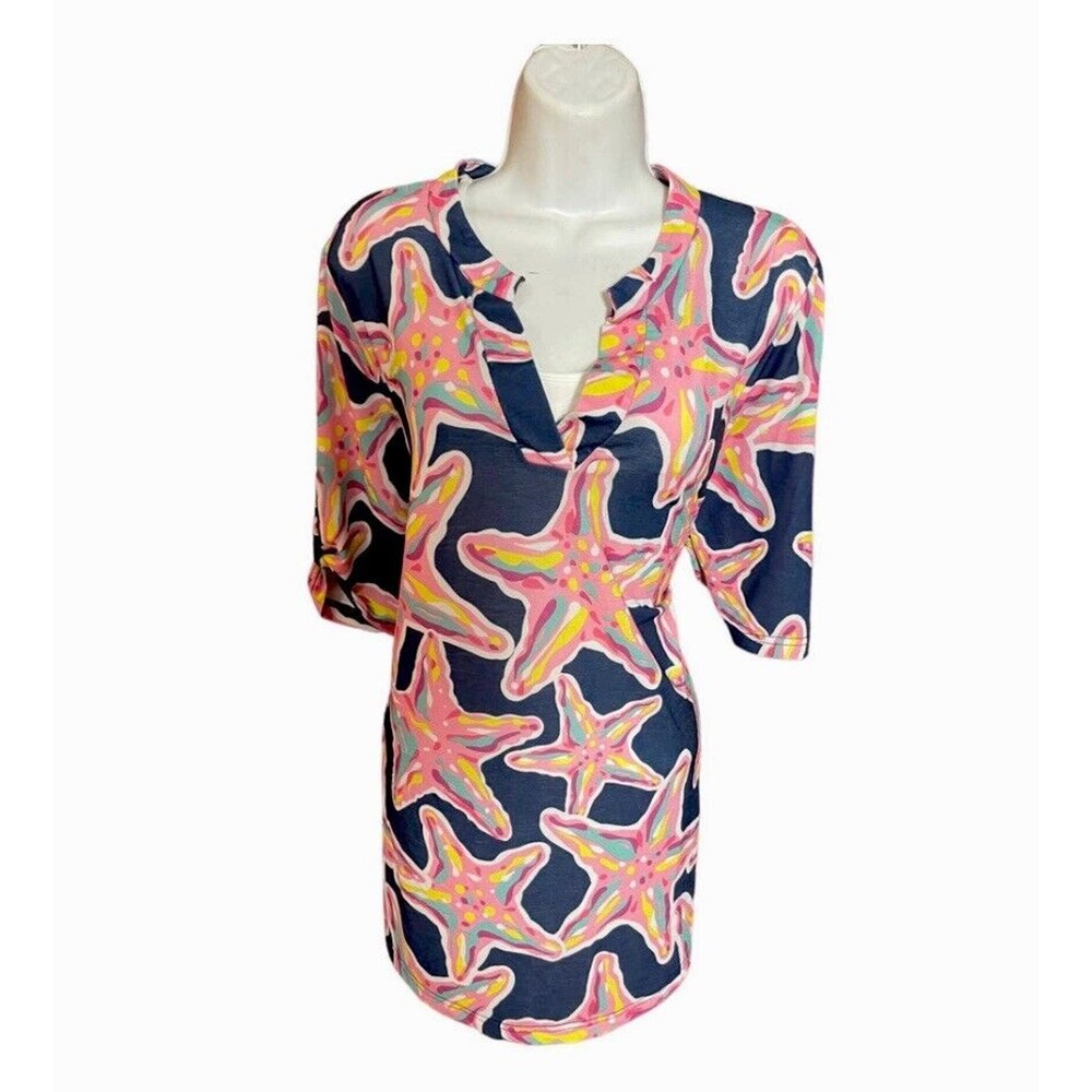 Simply Southern Pink Blue Starfish Beach Short Sleeve Top Women Medium Tunic